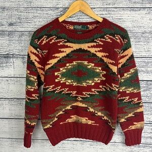 Vintage Polo Ralph Lauren 100% Wool Hand Nit Aztec Western Sweater M